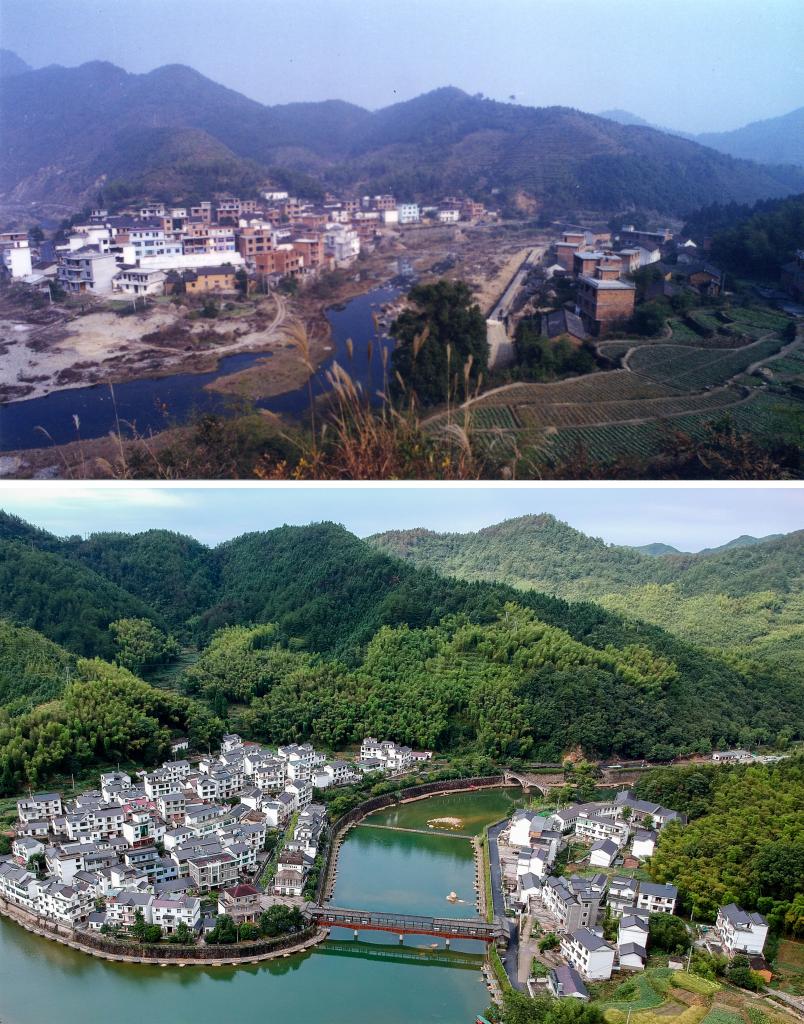 圖為浙江省杭州市淳安縣楓樹嶺鎮(zhèn)下姜村拼版圖，其中上圖為資料照片、下圖由新華社記者張鋮攝。